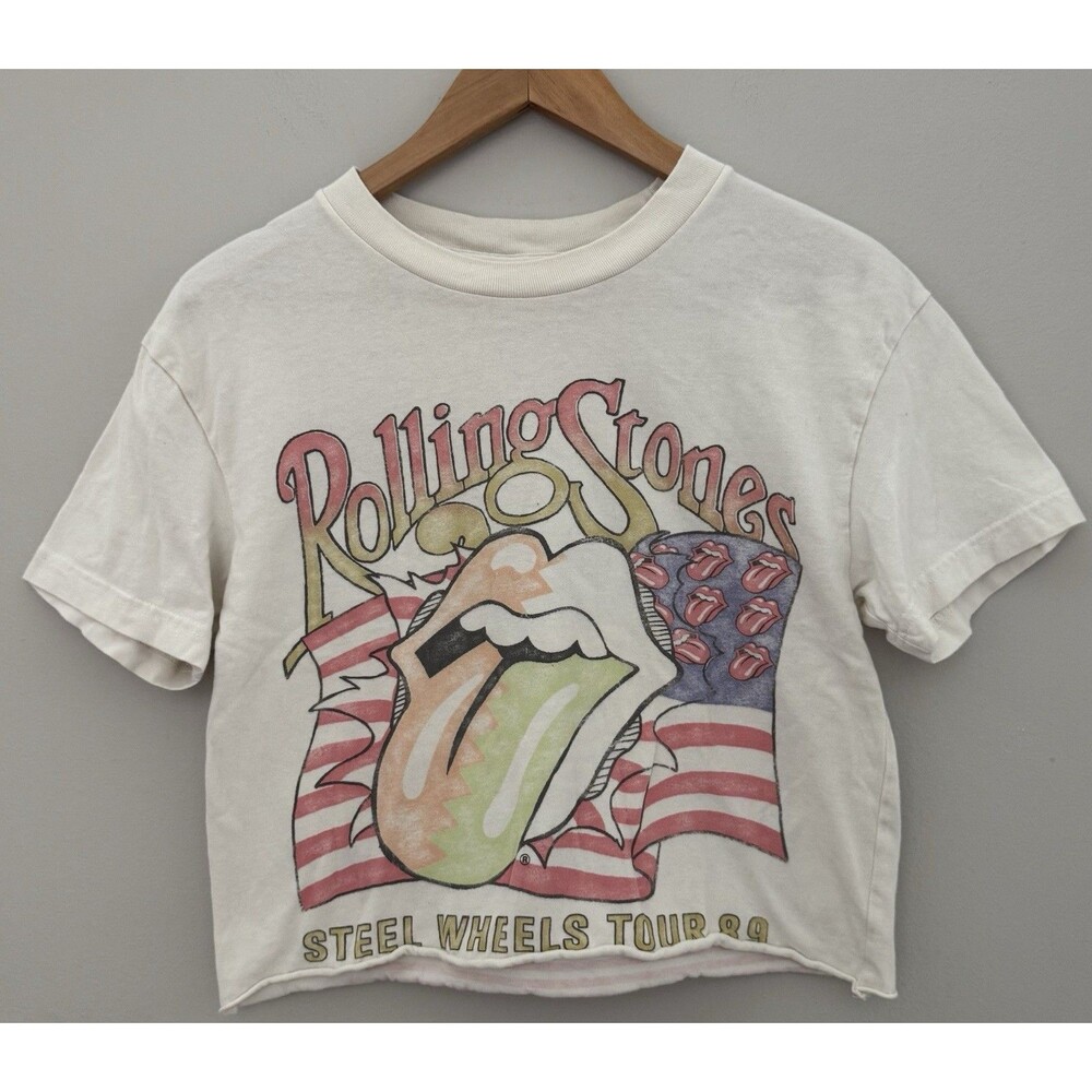 Abercrombie & Fitch Soft XS Rolling Stones Cropped Graphic Tee Cream/Multicolor